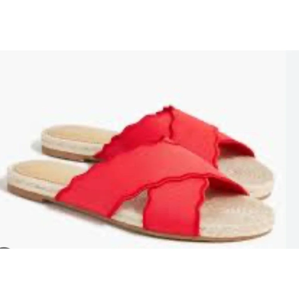 J.Crew Scalloped Espadrille Sandals Women Size 8 Red Excellent Crisscross Slide